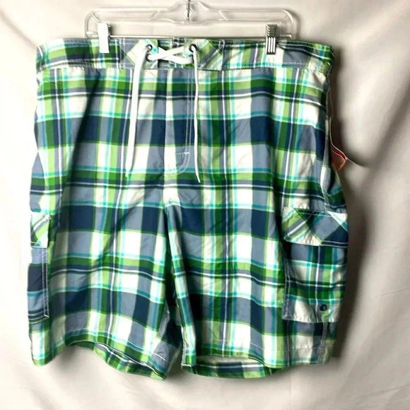 NWT OLD NAVY MENS SIZE XXL SWIM BOARD SHORTS GREEN BLUE PLAID MESH LINING NEW - Picture 1 of 11